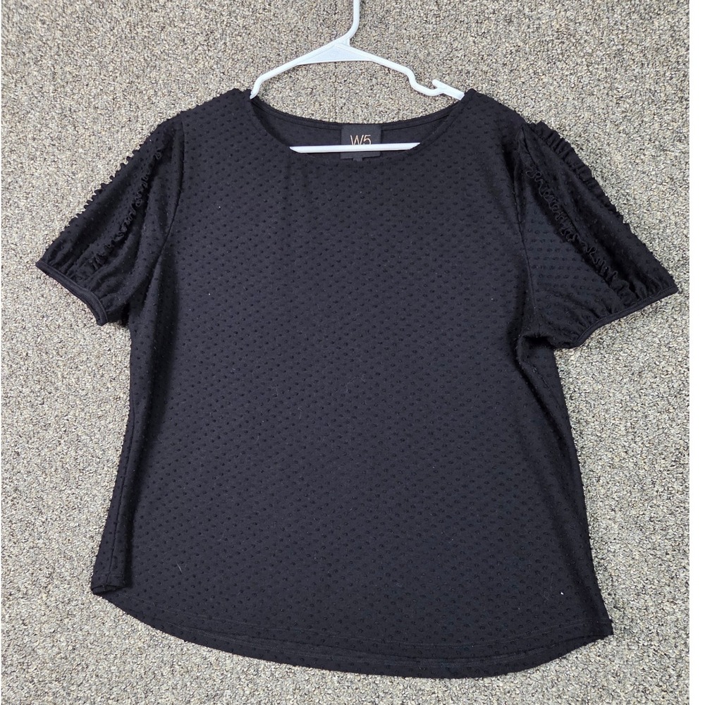 W5 Short Sleeve Top Womens XL Black Swiss Dot Ruffle Shoulder Crew‎ Neck Blouse